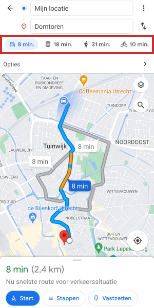 Route plannen per vervoerssoort in Google Maps